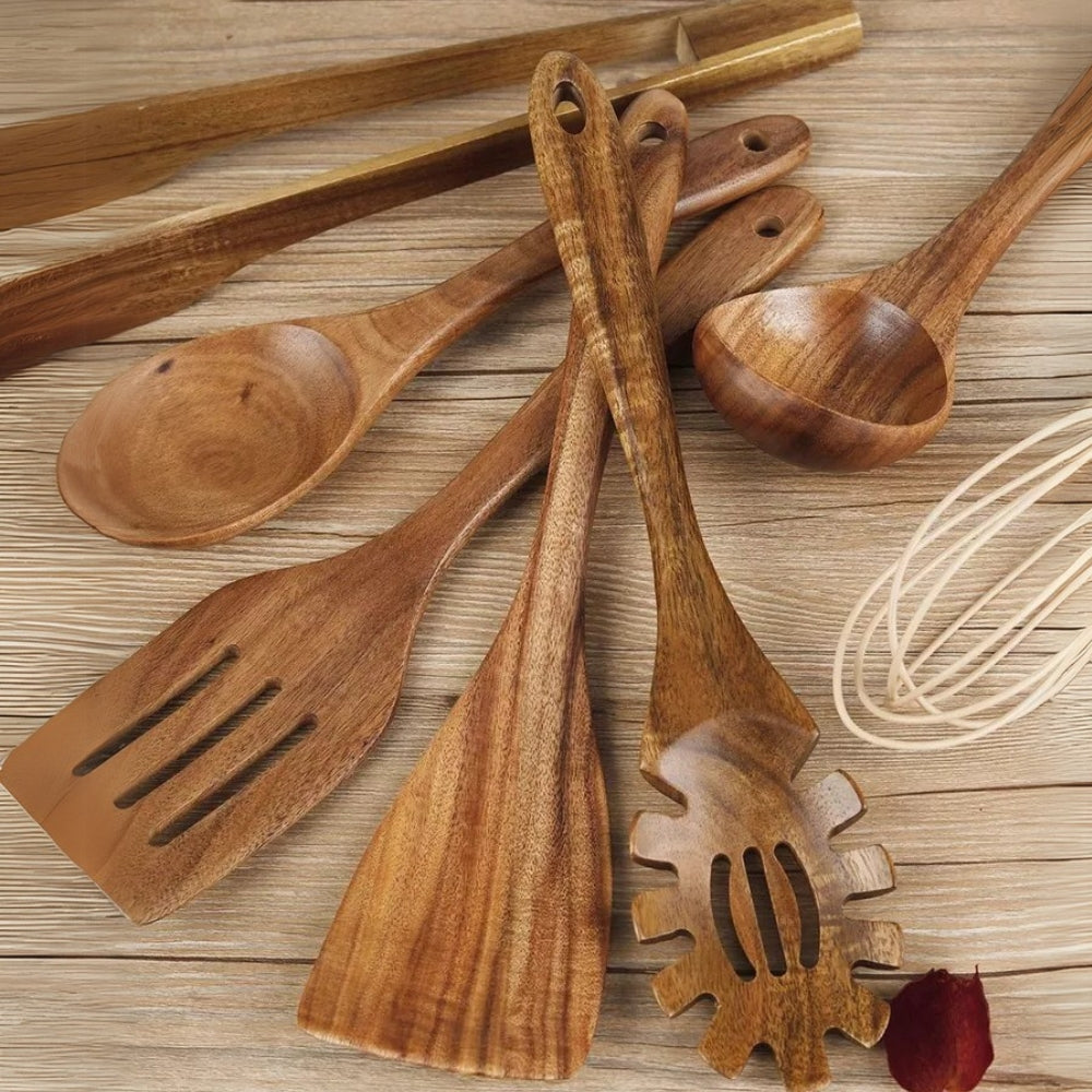 Wooden Kitchen Utensils – 7-Piece Natural Wood Cooking Set, Pan-Friendly Spoons & Spatulas