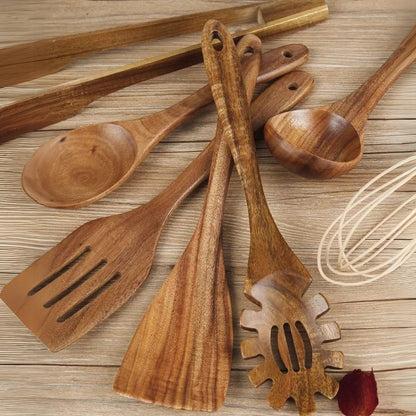 Wooden Kitchen Utensils – 7-Piece Natural Wood Cooking Set, Pan-Friendly Spoons & Spatulas