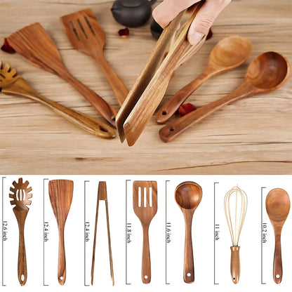 Wooden Kitchen Utensils – 7-Piece Natural Wood Cooking Set, Pan-Friendly Spoons & Spatulas