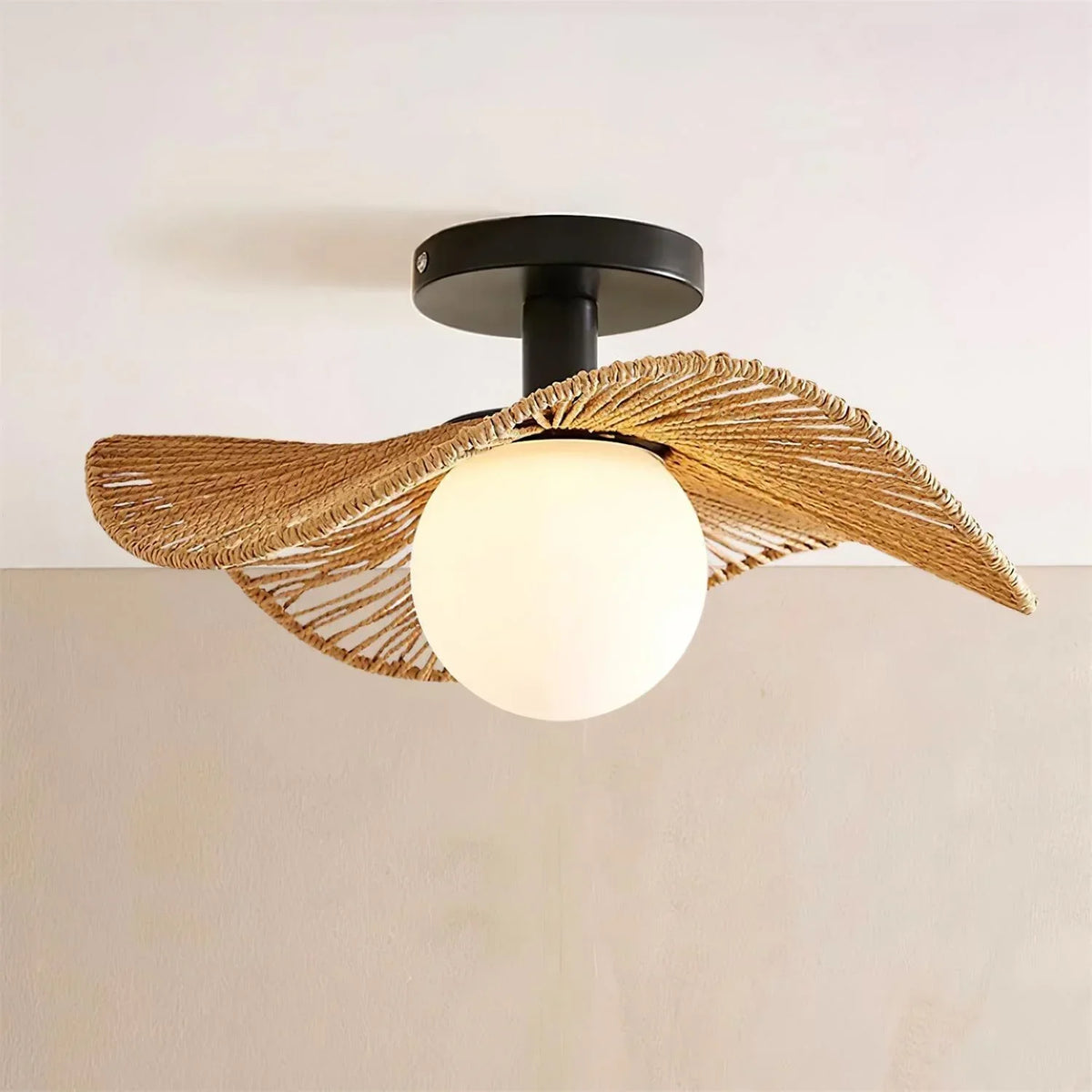Rope Ceiling Light – Hemp Rope, Glass & Metal Flush Mount, 30, 40 or 50cm, Natural Coastal Style