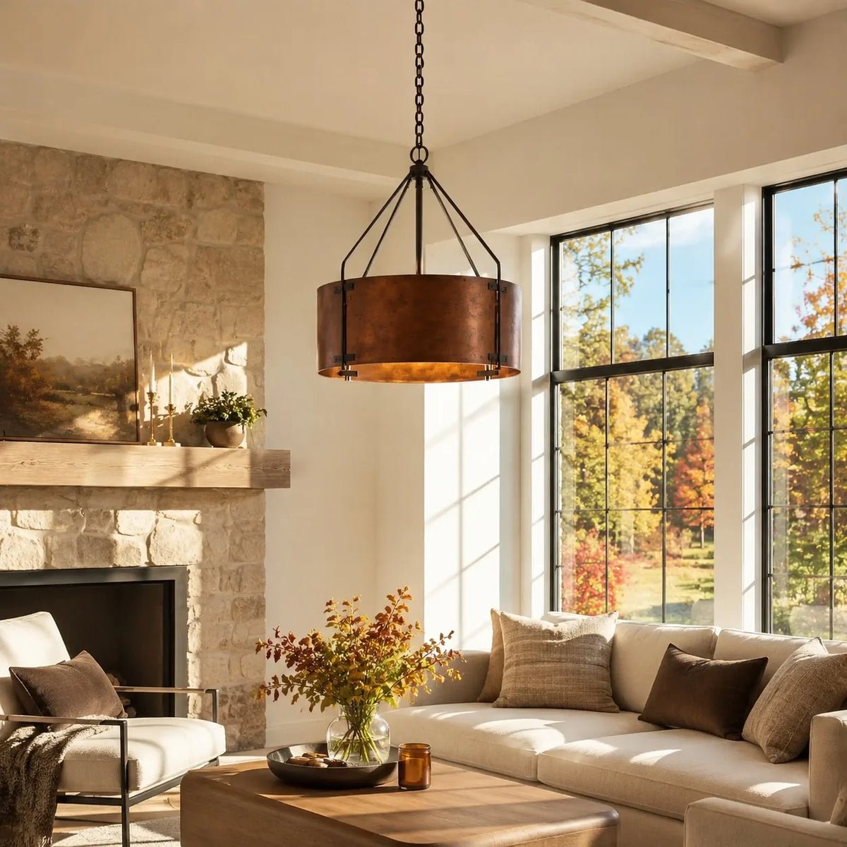 Rustic Bronze Industrial Drum Shade Pendant Light