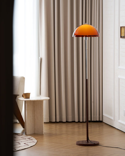Wooden Floor Lamp – Walnut & Amber Glass Mid-Century Standing Lamp, 153cm, UK Plug