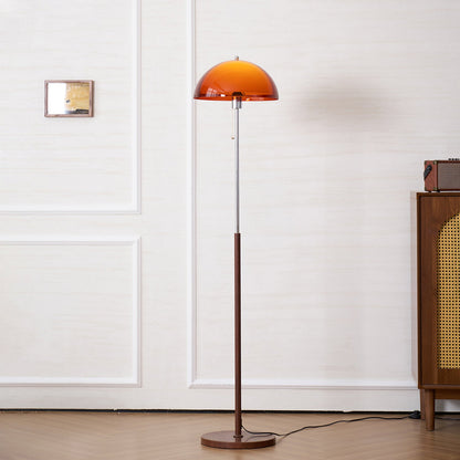 Wooden Floor Lamp – Walnut & Amber Glass Mid-Century Standing Lamp, 153cm, UK Plug