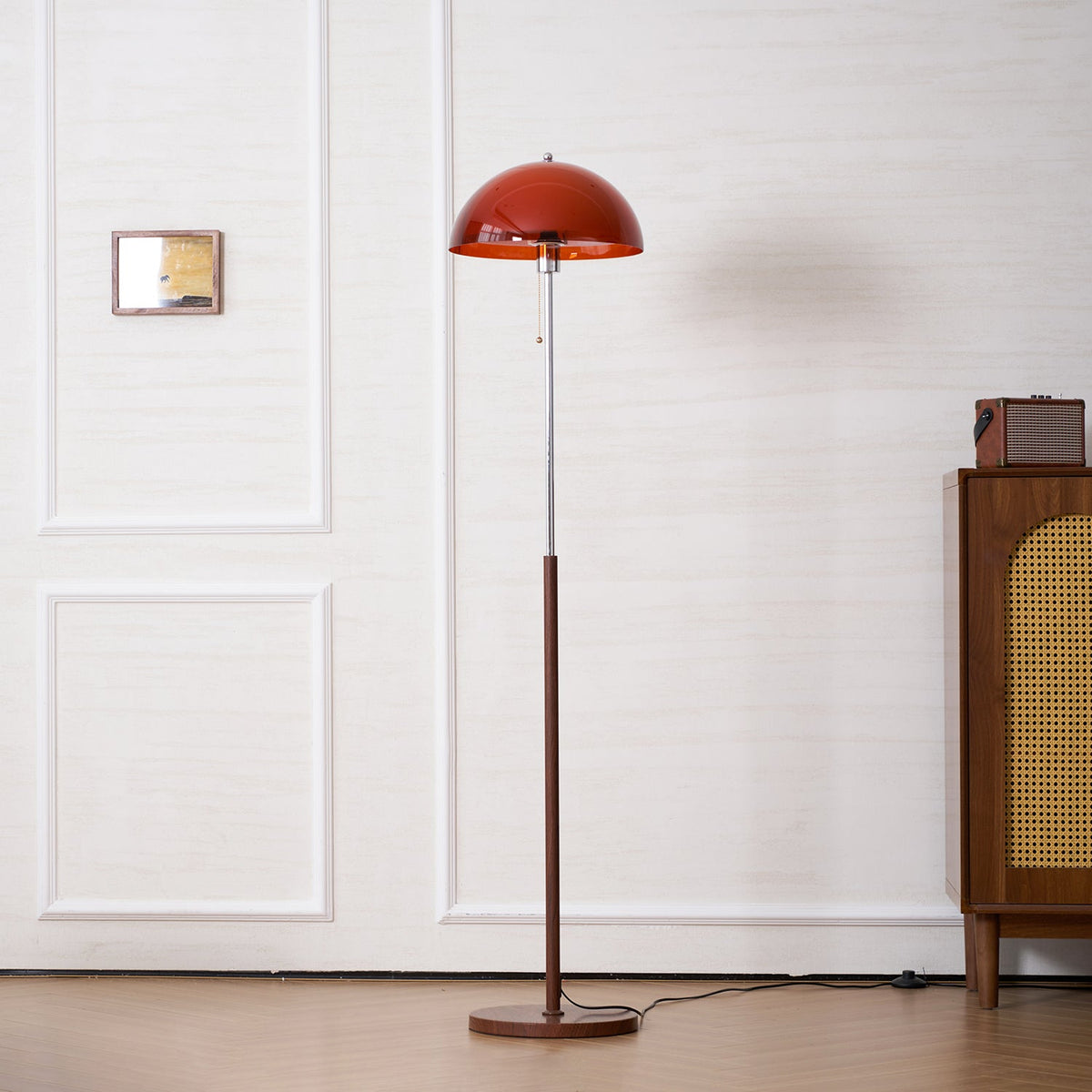 Wooden Floor Lamp – Walnut & Amber Glass Mid-Century Standing Lamp, 153cm, UK Plug