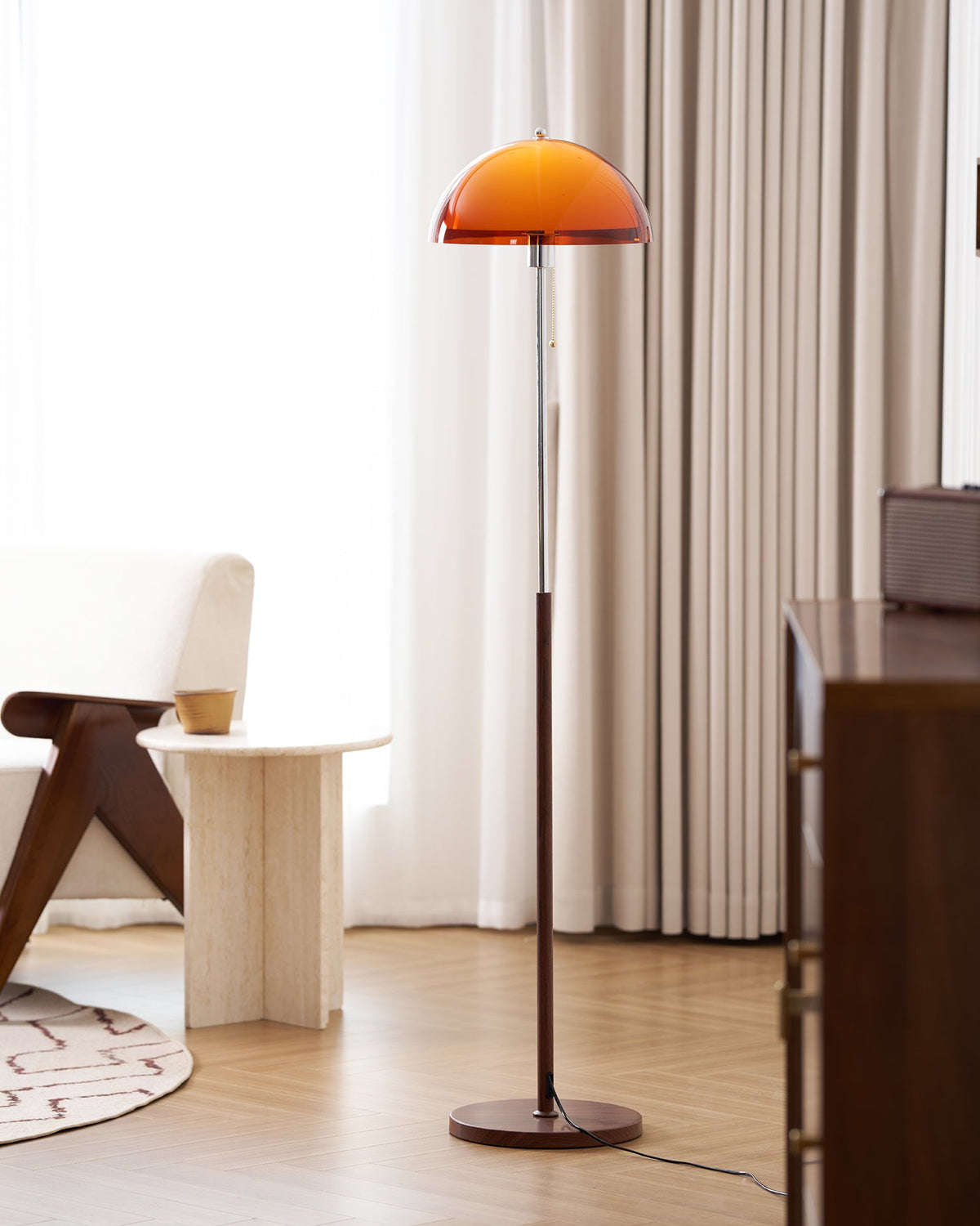 Wooden Floor Lamp – Walnut & Amber Glass Mid-Century Standing Lamp, 153cm, UK Plug