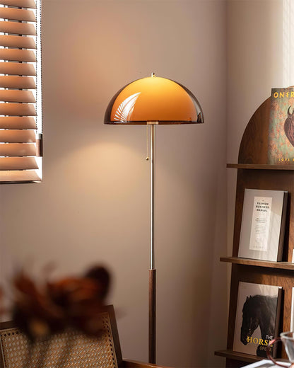Wooden Floor Lamp – Walnut & Amber Glass Mid-Century Standing Lamp, 153cm, UK Plug