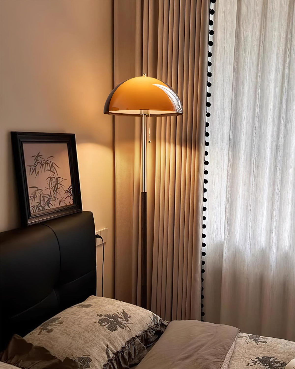 Wooden Floor Lamp – Walnut & Amber Glass Mid-Century Standing Lamp, 153cm, UK Plug