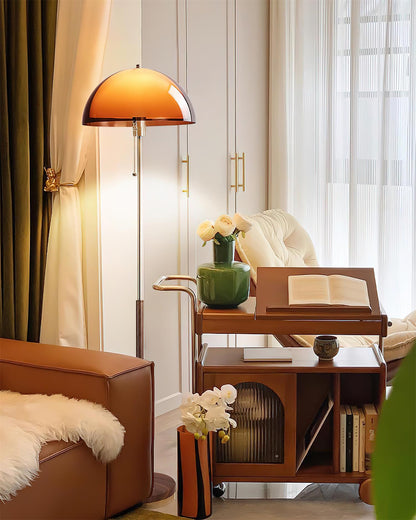 Wooden Floor Lamp – Walnut & Amber Glass Mid-Century Standing Lamp, 153cm, UK Plug