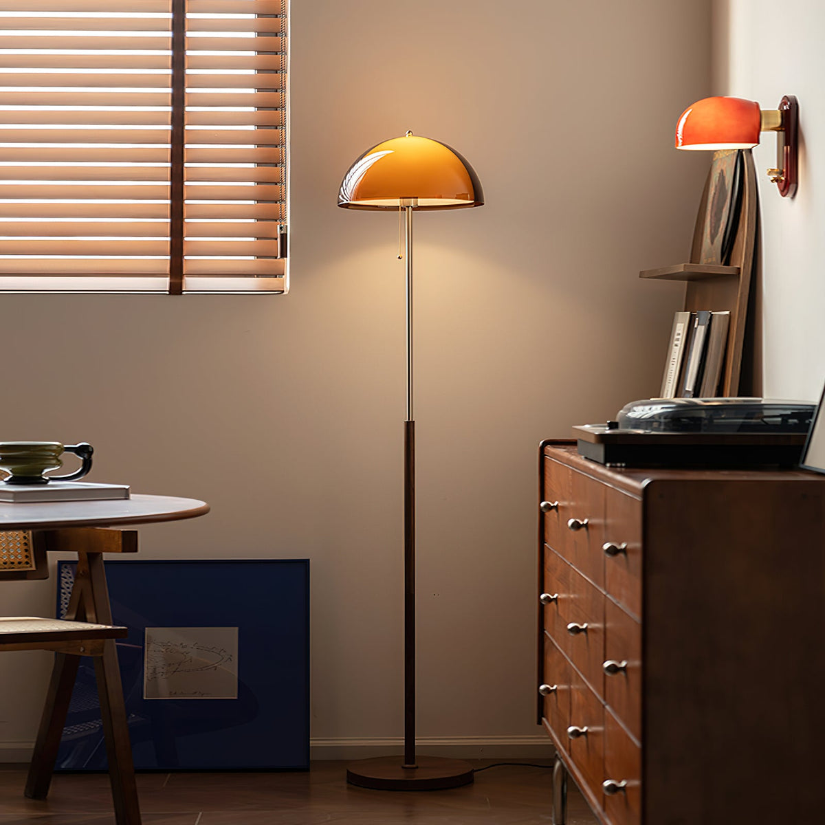 Wooden Floor Lamp – Walnut & Amber Glass Mid-Century Standing Lamp, 153cm, UK Plug
