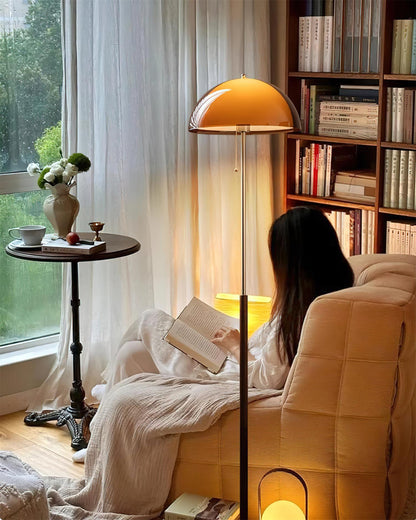 Wooden Floor Lamp – Walnut & Amber Glass Mid-Century Standing Lamp, 153cm, UK Plug