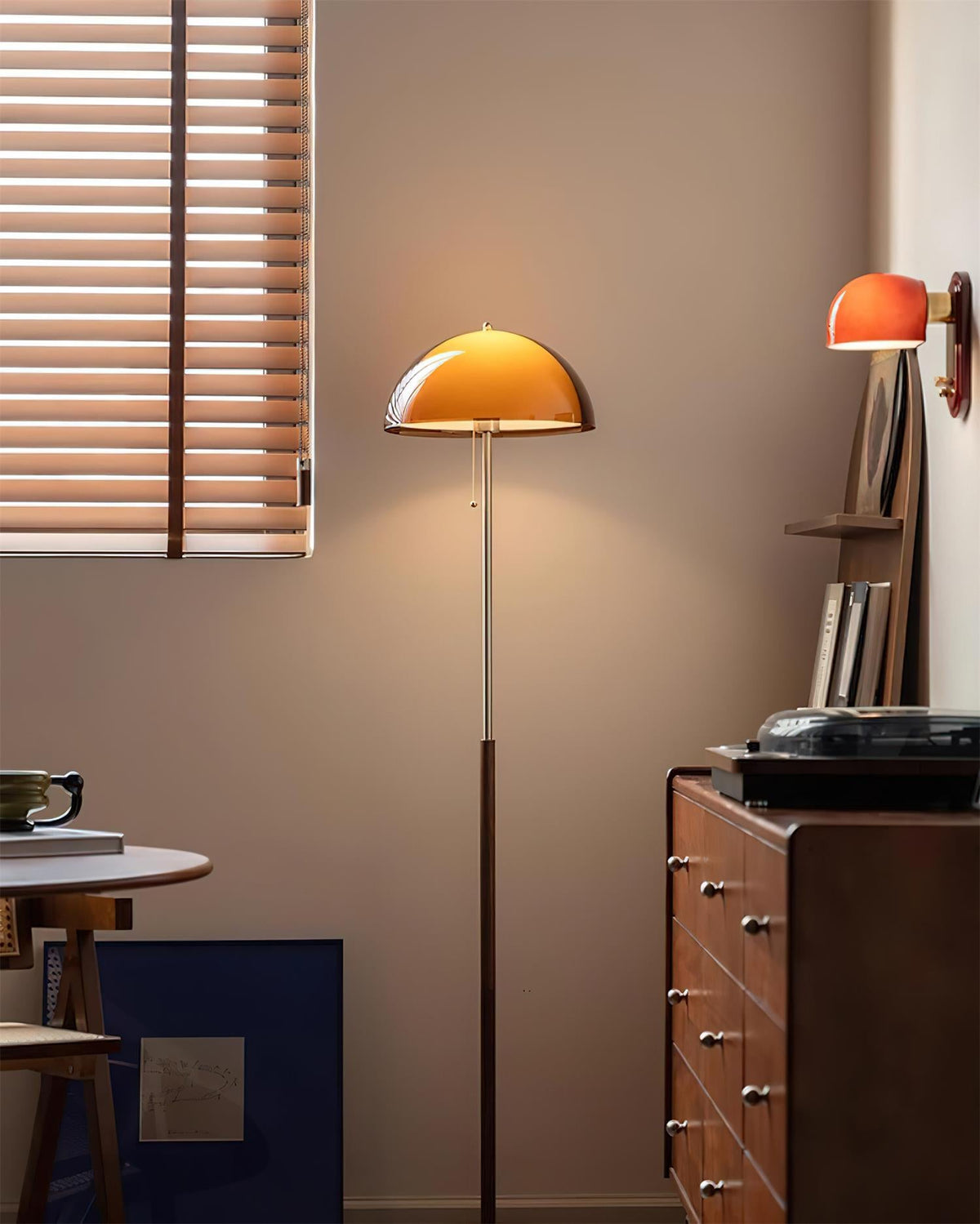 Wooden Floor Lamp – Walnut & Amber Glass Mid-Century Standing Lamp, 153cm, UK Plug