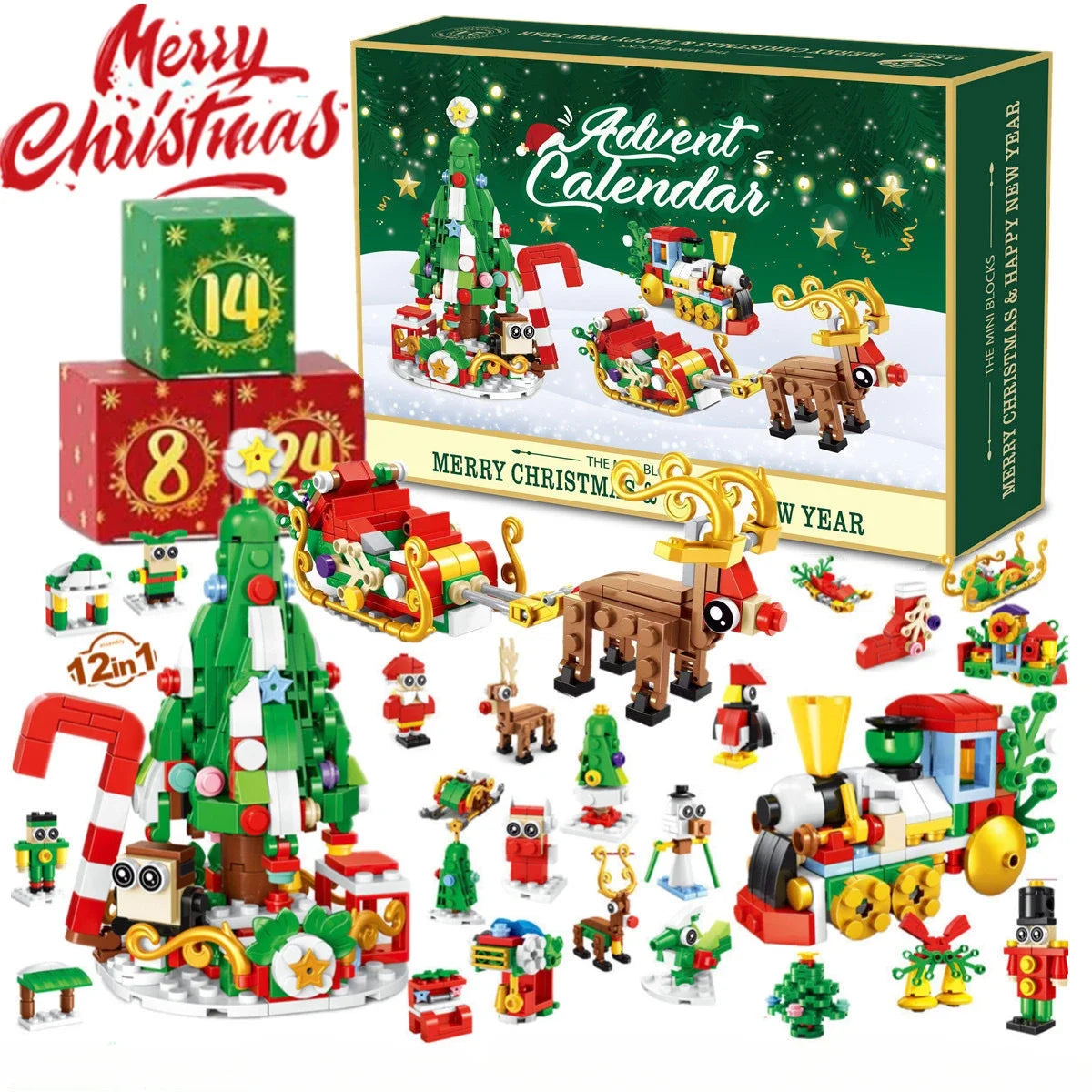 Christmas Advent Calendar – 24-Day Building Brick Set, Christmas Train & Nativity, 27 Designs