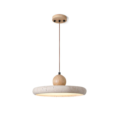 Travertine Disc Pendant Light – Yellow Travertine & Wood, 30 or 40cm, Warm or Cool Light