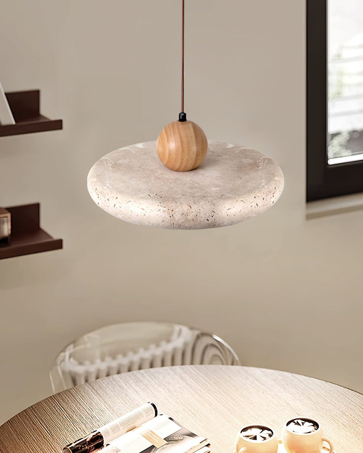 Travertine Disc Pendant Light – Yellow Travertine & Wood, 30 or 40cm, Warm or Cool Light