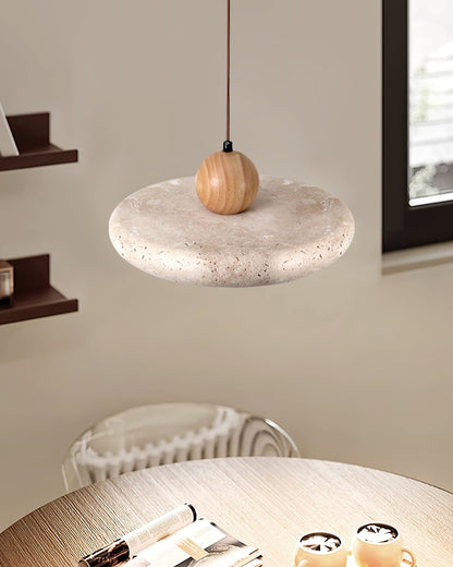 Travertine Disc Pendant Light – Yellow Travertine & Wood, 30 or 40cm, Warm or Cool Light