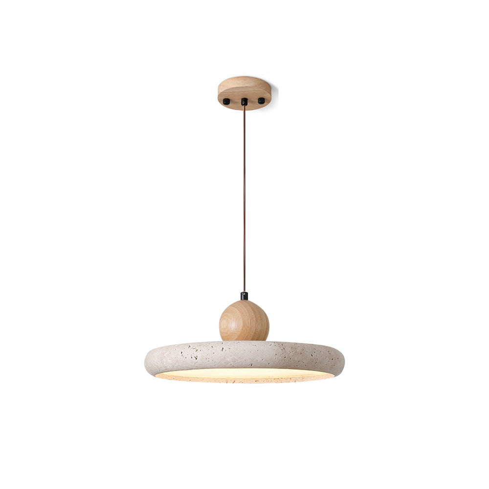 Travertine Disc Pendant Light – Yellow Travertine & Wood, 30 or 40cm, Warm or Cool Light