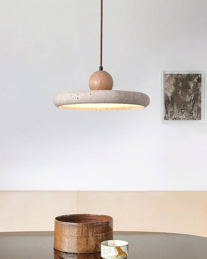 Travertine Disc Pendant Light – Yellow Travertine & Wood, 30 or 40cm, Warm or Cool Light