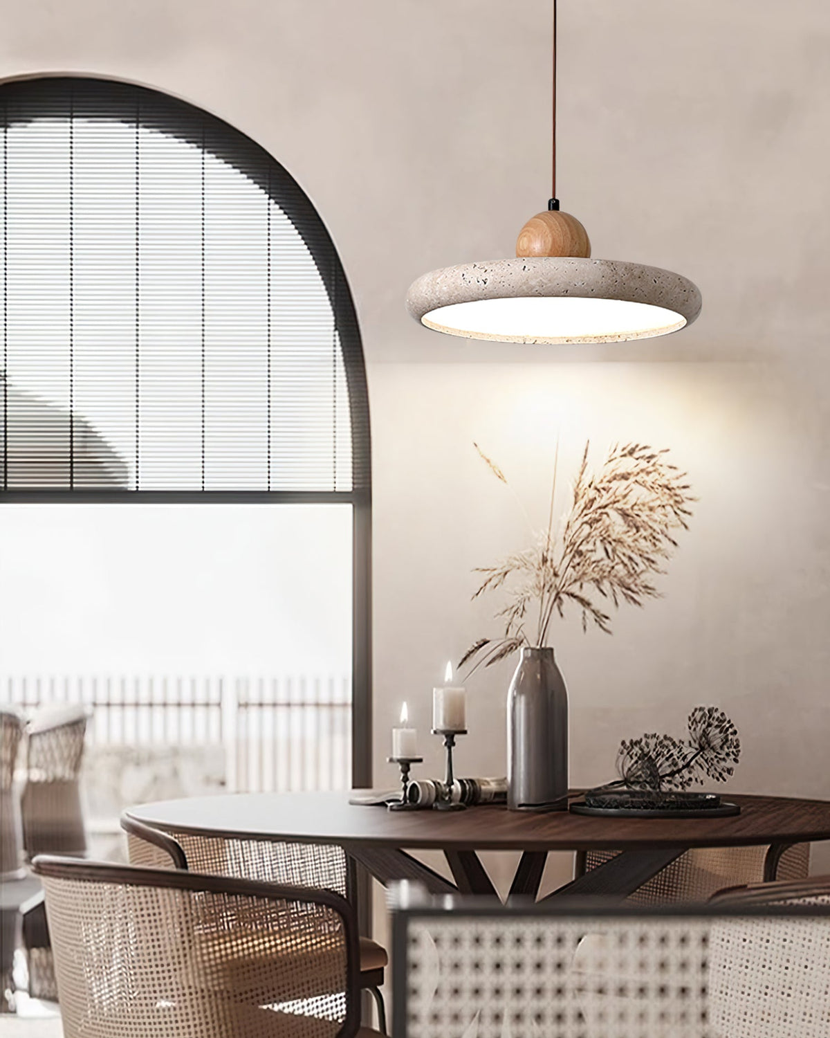 Travertine Disc Pendant Light – Yellow Travertine & Wood, 30 or 40cm, Warm or Cool Light