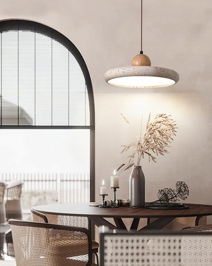 Travertine Disc Pendant Light – Yellow Travertine & Wood, 30 or 40cm, Warm or Cool Light
