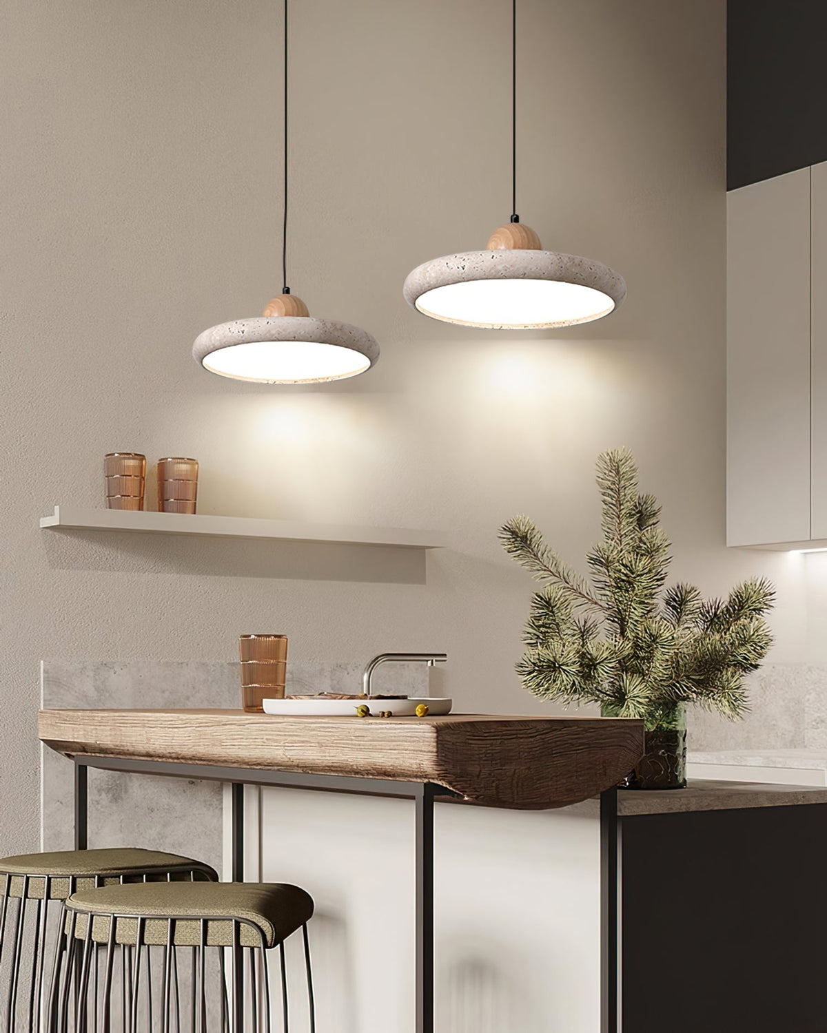 Travertine Disc Pendant Light – Yellow Travertine & Wood, 30 or 40cm, Warm or Cool Light