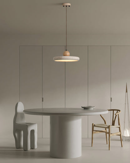 Travertine Disc Pendant Light – Yellow Travertine & Wood, 30 or 40cm, Warm or Cool Light