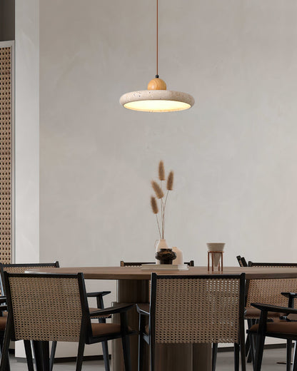Travertine Disc Pendant Light – Yellow Travertine & Wood, 30 or 40cm, Warm or Cool Light