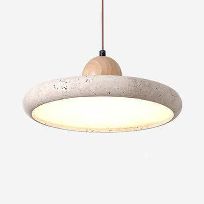 Travertine Disc Pendant Light – Yellow Travertine & Wood, 30 or 40cm, Warm or Cool Light