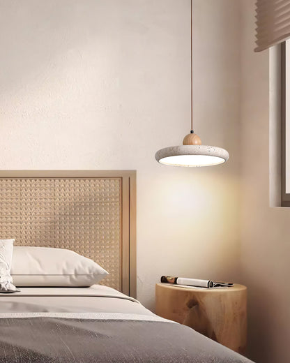 Travertine Disc Pendant Light – Yellow Travertine & Wood, 30 or 40cm, Warm or Cool Light