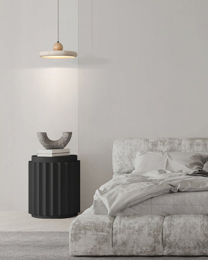 Travertine Disc Pendant Light – Yellow Travertine & Wood, 30 or 40cm, Warm or Cool Light