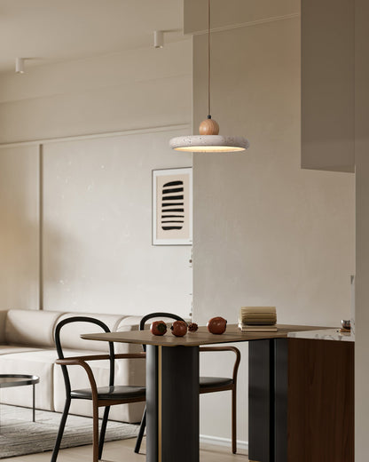 Travertine Disc Pendant Light – Yellow Travertine & Wood, 30 or 40cm, Warm or Cool Light