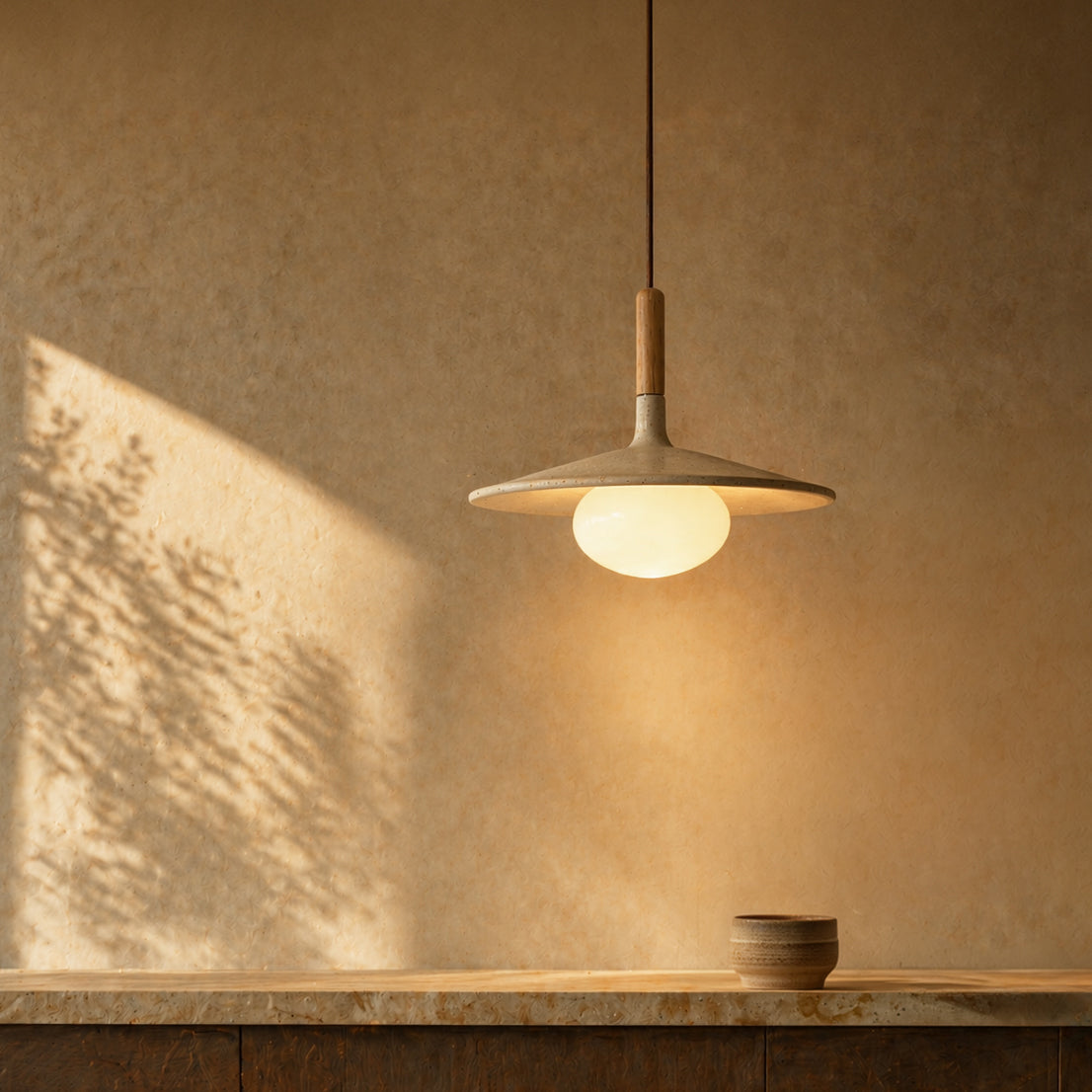 Wood and Stone Pendant Light - Japandi Ceiling Lamp
