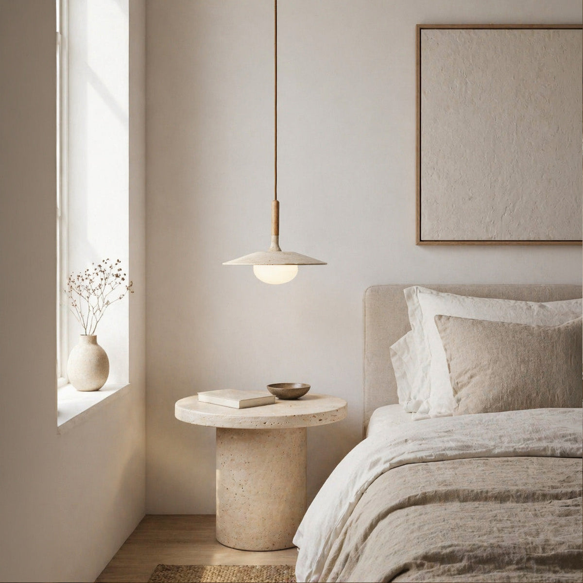 Wood and Stone Pendant Light - Japandi Ceiling Lamp