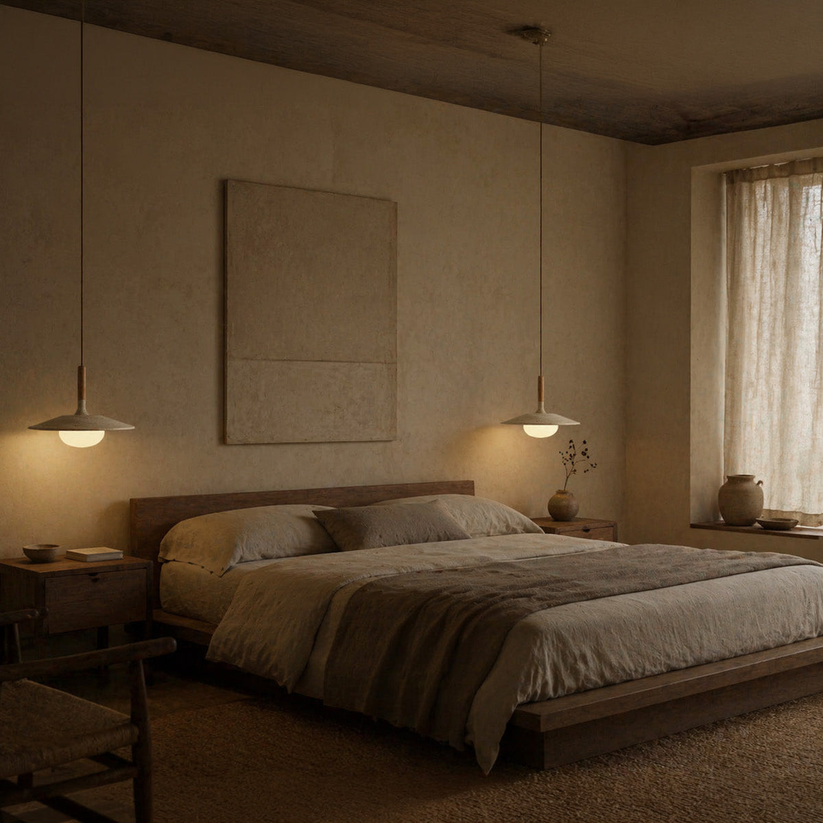 Wood and Stone Pendant Light - Japandi Ceiling Lamp