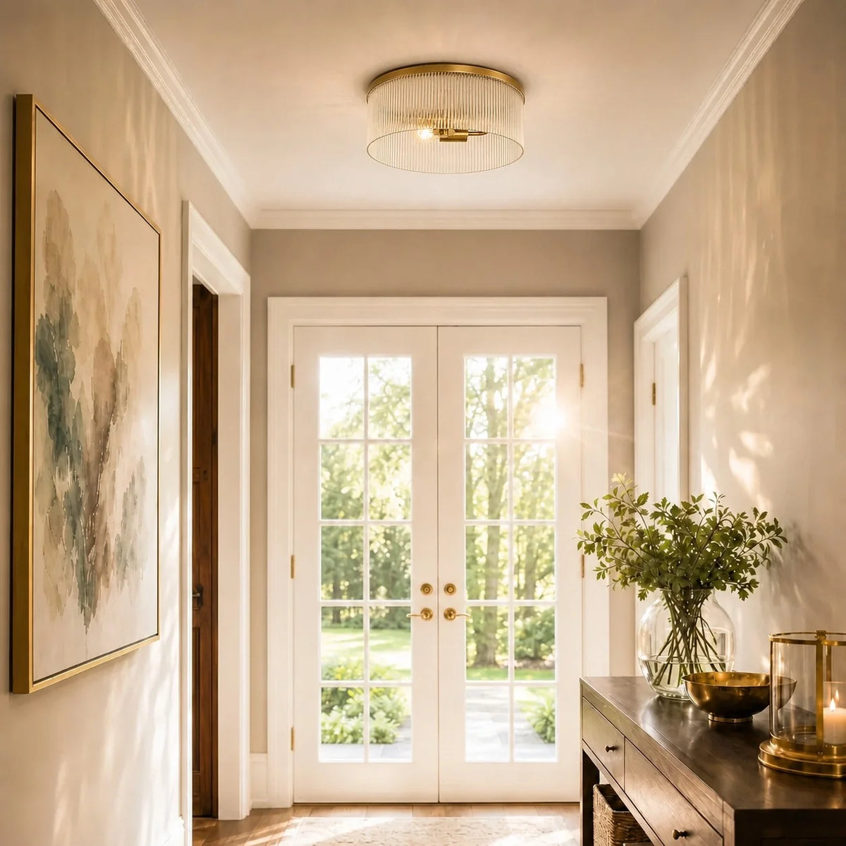 Vesper Farmhouse Round Ribbed Glass Flush Mount Ceiling Light