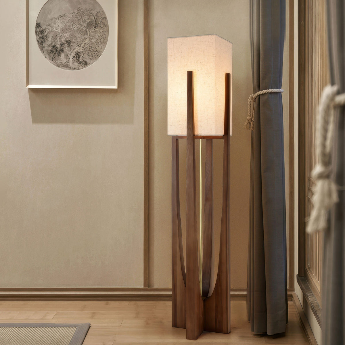 Calm LED floor lamp with Japanese texture and wooden frame