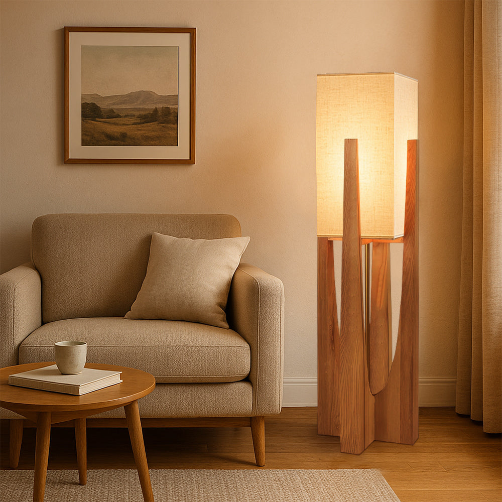 Calm LED floor lamp with Japanese texture and wooden frame