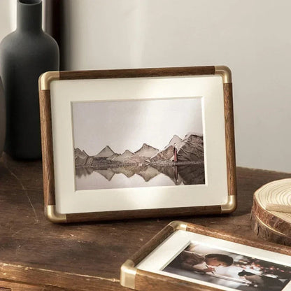 Wooden Photo Frame – Vintage Tabletop Frame with Brass Corners, Teak or Black Walnut, 9 × 13 to 25 × 30cm
