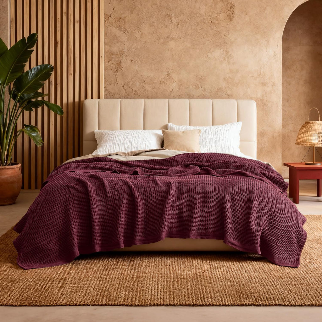 Cozy Haven | 100% Cotton Queen Blanket with Cooling Waffle Weave | Soft & Breathable for Summer Comfort