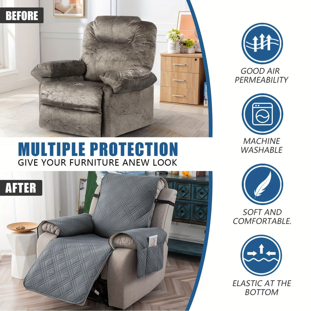 Waterproof Quilted Recliner Chair Cover With Non-Slip Backing & Storage Pockets