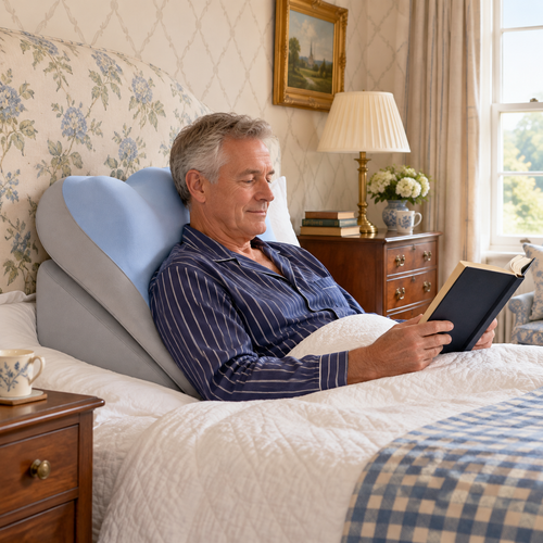 Man sitting upright reading in bed supported by the adjustable wedge pillows