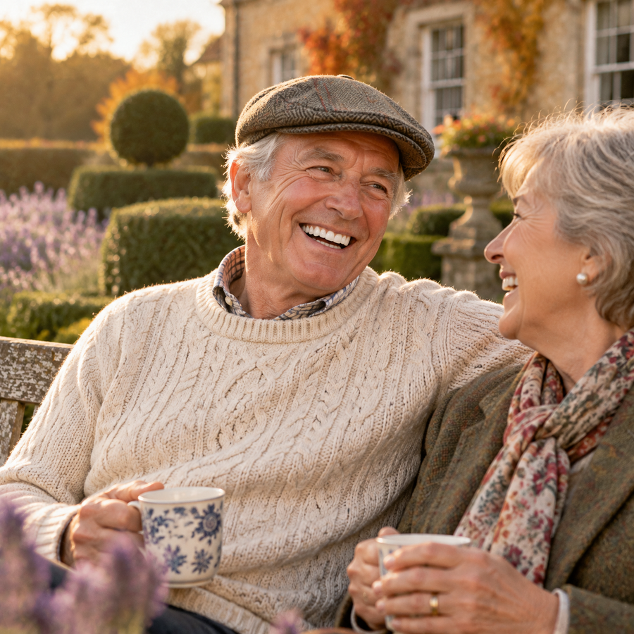 Man laughing with a natural confident smile in an English country garden