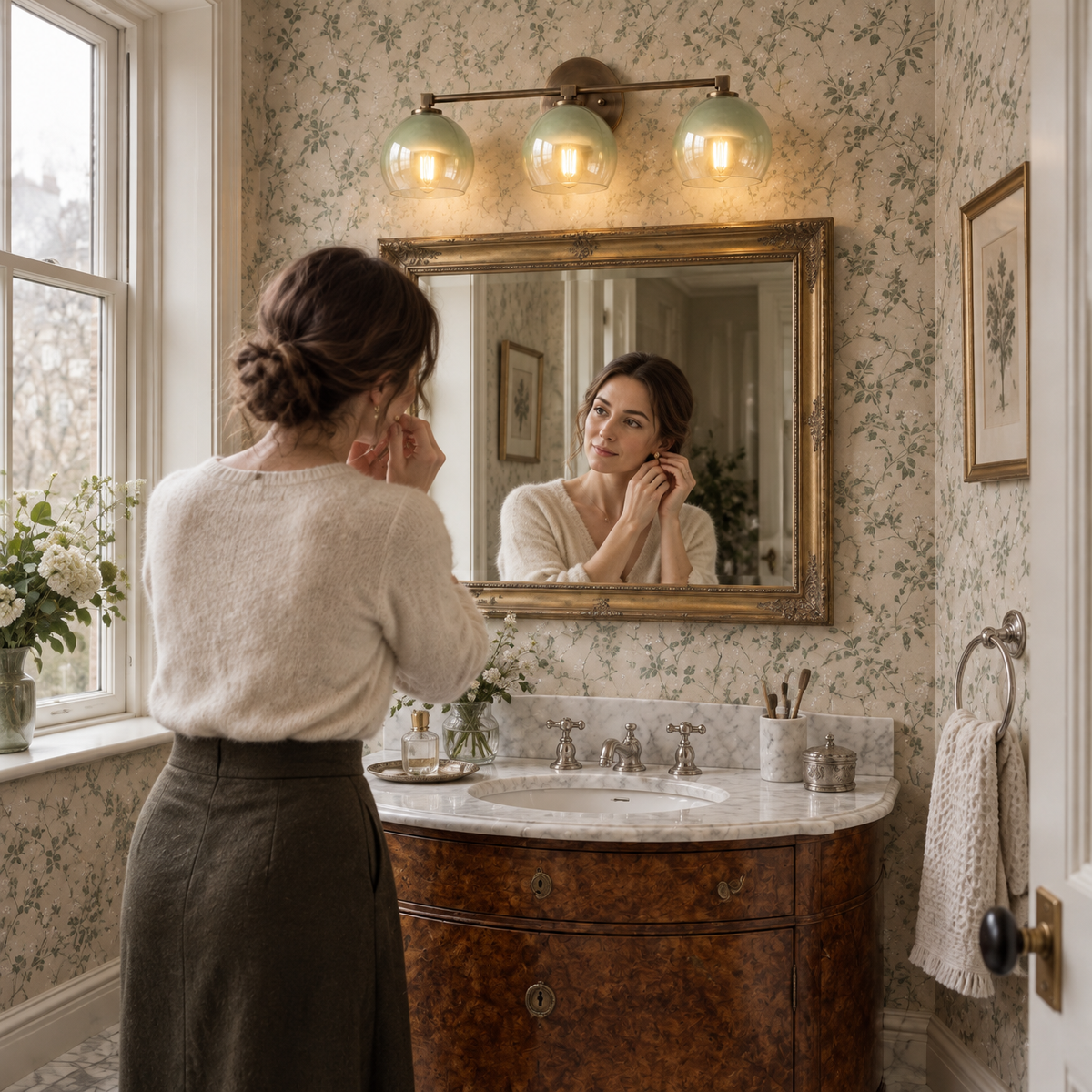 Adrian brass and glass globe wall light above a gilt mirror in a floral Victorian powder room