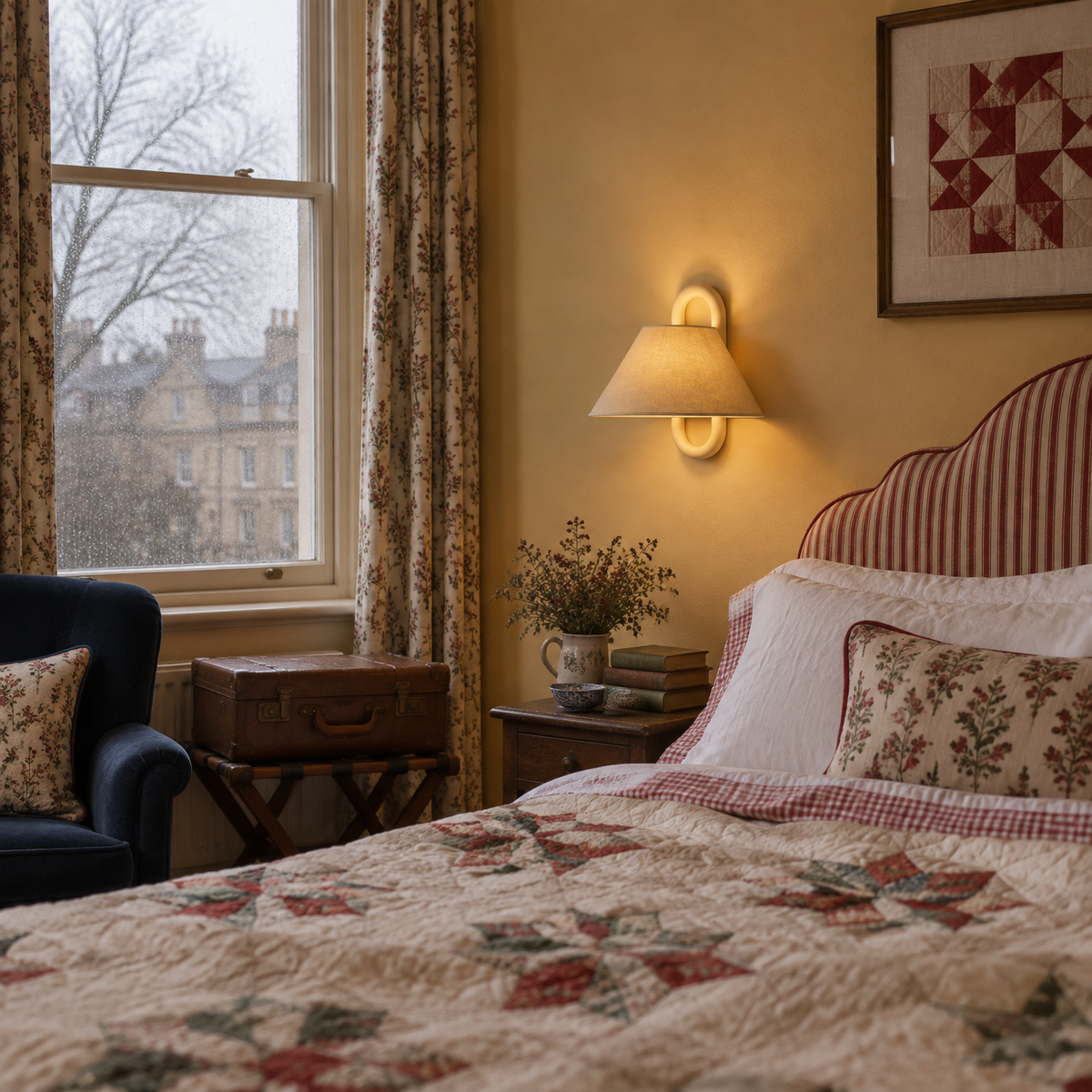 Aine wall lamp glowing beside a patchwork-quilted bed in an ochre English bedroom