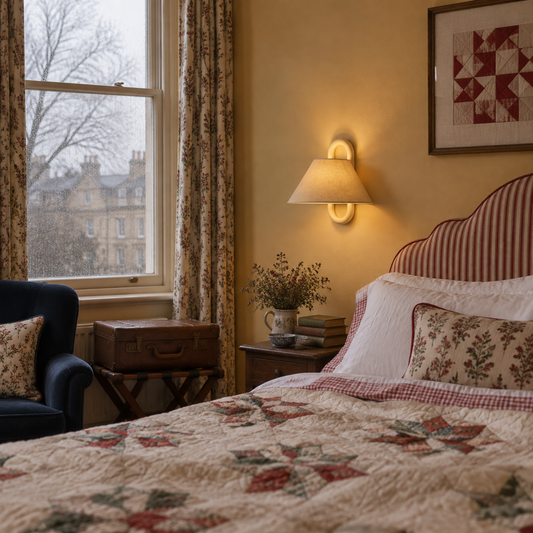 Aine wall lamp glowing beside a patchwork-quilted bed in an ochre English bedroom