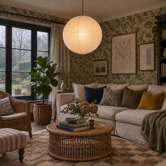 Akari A series paper pendant lamp glowing in an oak-leaf wallpapered English sitting room