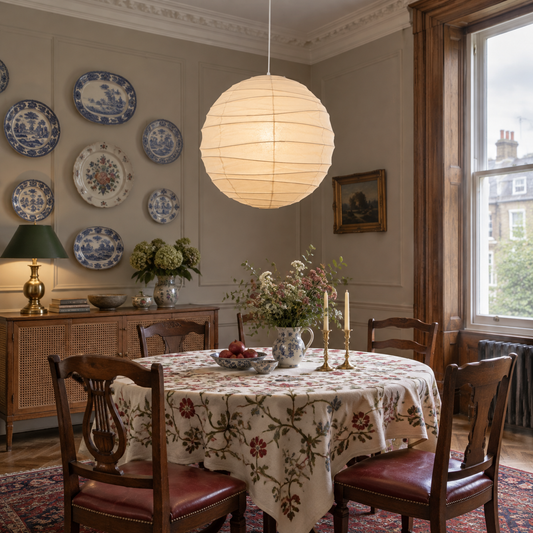 Akari D series paper pendant lamp over a round dining table in a Victorian dining room