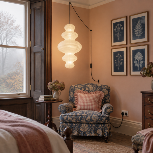 Akari Juni plug-in paper pendant lamp above a floral armchair in a peach English bedroom