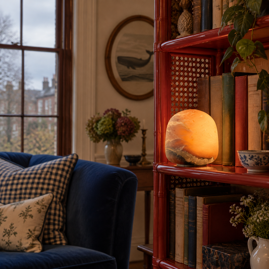 Alabaster Petite portable lamp glowing on a red rattan bookcase