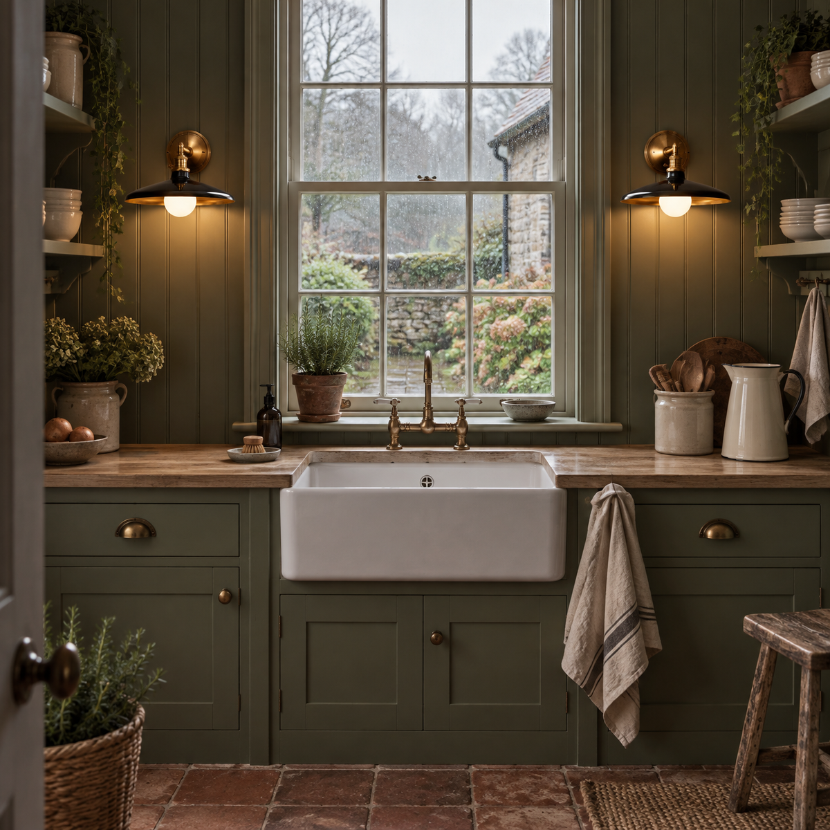 Pair of Alain Cooper ribbed glass wall sconces above a Belfast sink in a sage-green scullery