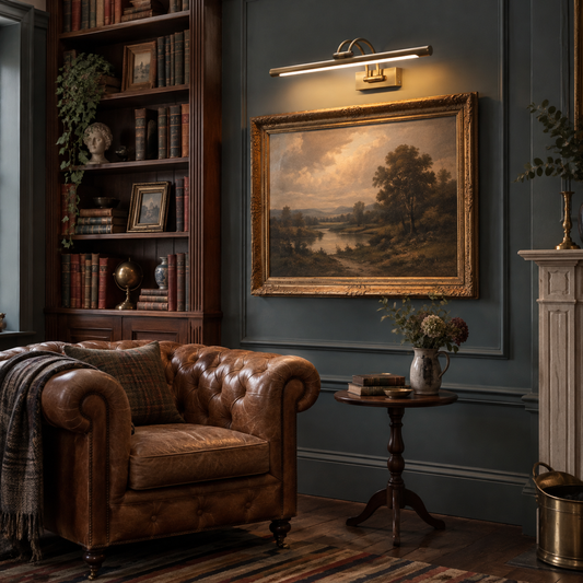 Alton brass rechargeable wall lamp lighting a painting in a teal library
